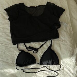 NWT. MEET.CURVE.Black Sheer Crop Top with Triangle Bikini Top Set